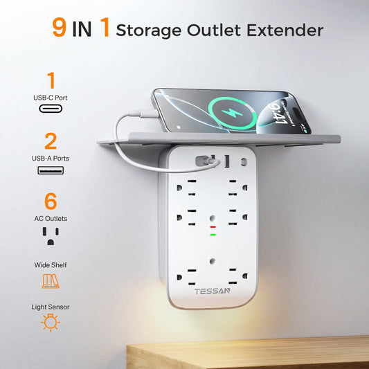 Bathroom wall socket extender with shelf and smart night light, featuring surge protection.