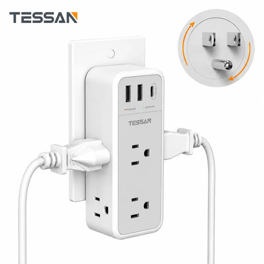 Multi-functional outlet splitter with 360° rotating plug, surge-protected outlet extender